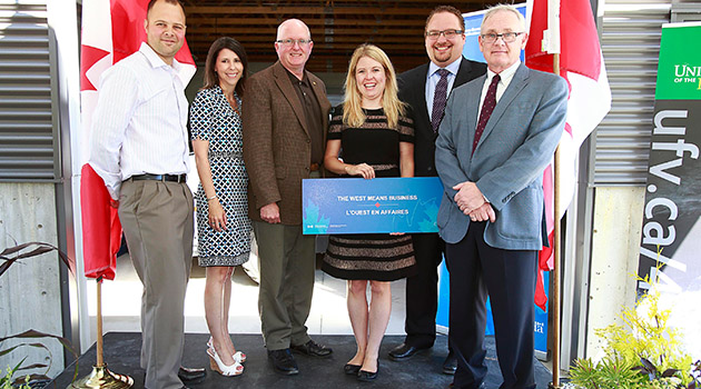 L to R: BC Dairy Farmer Devan Toop, UFV Acting President and VP Students Jody Gordon, UFV Board of Governors Chair Barry Delaney, Western Economic Diversification Minister Michelle Rempel, MP Chilliwack-Fraser Canyon Mark Strahl, UFV Dean of Applied and Technical Studies John English.