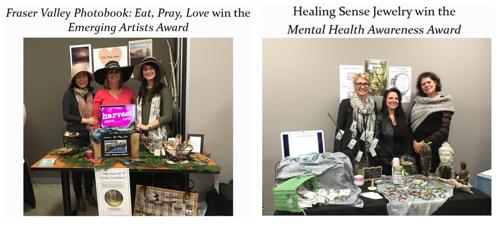 Two trade show booths showing happy students demonstrating a travel guide and a healing jewelry 