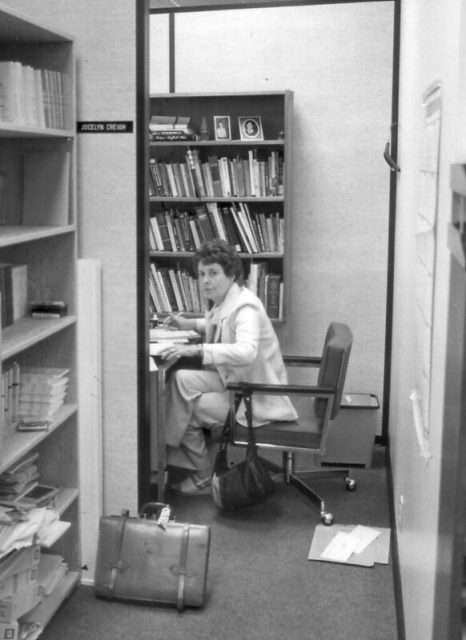 English instructor Jocelyn Creigh (later Jocelyn Creigh-Cass) on campus in the 1980s.