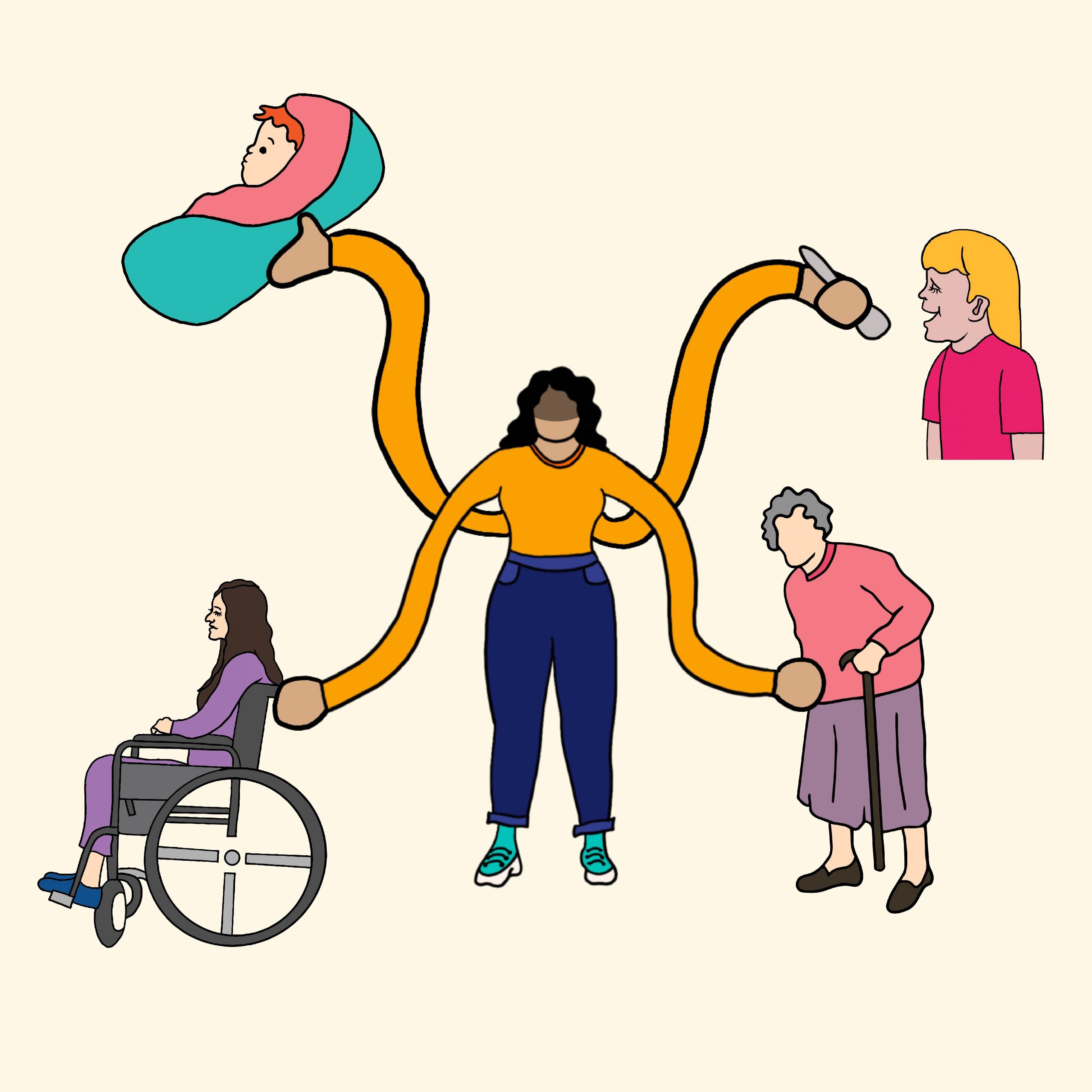Illustration of a woman with arms stretched in all directions, trying to care for a baby, a child, a person in a wheelchair, and an elderly person all at once.