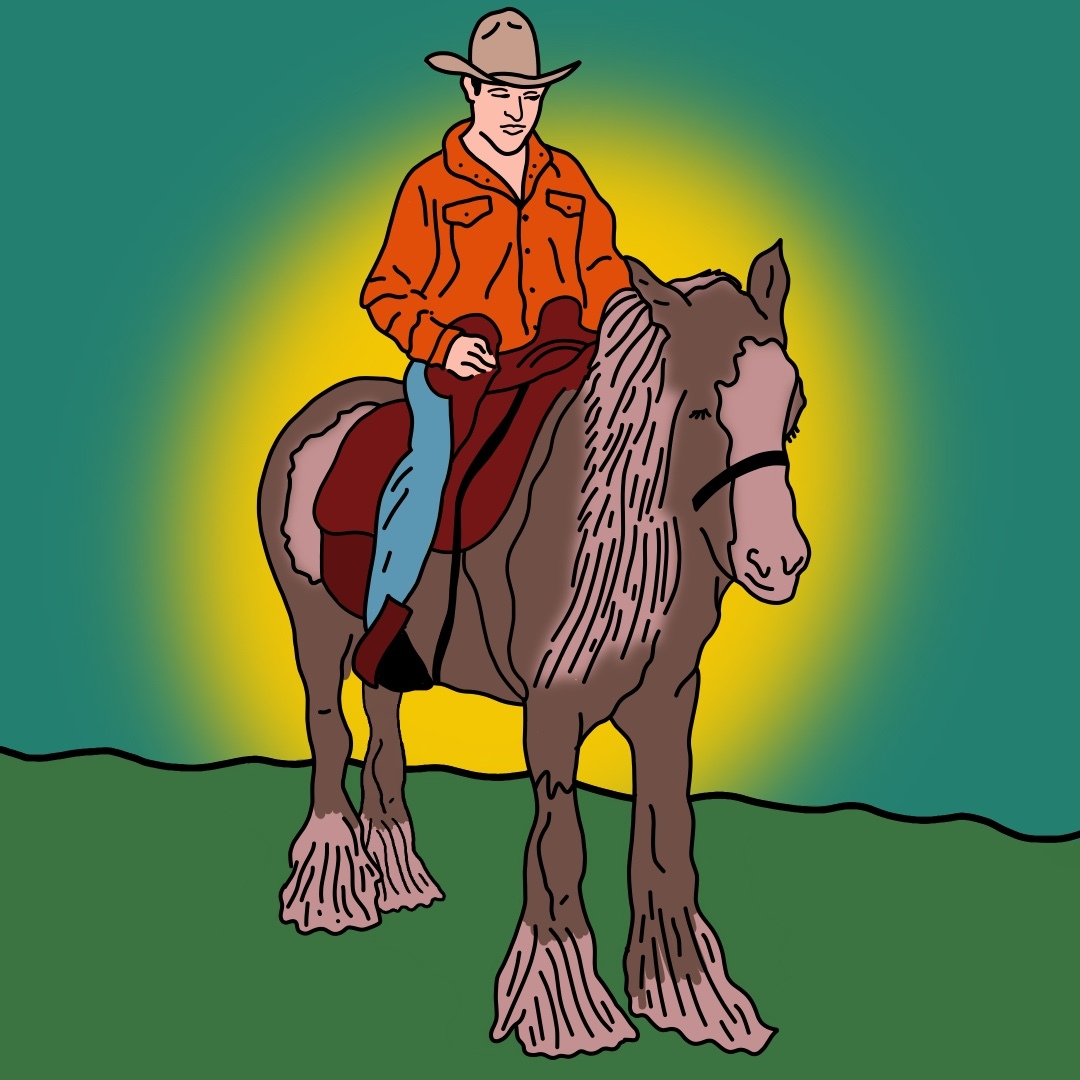 Illustration of Karsten Renaerts wearing a cowboy hat and riding a horse, with a sun-like yellow glow illuminating him from behind.