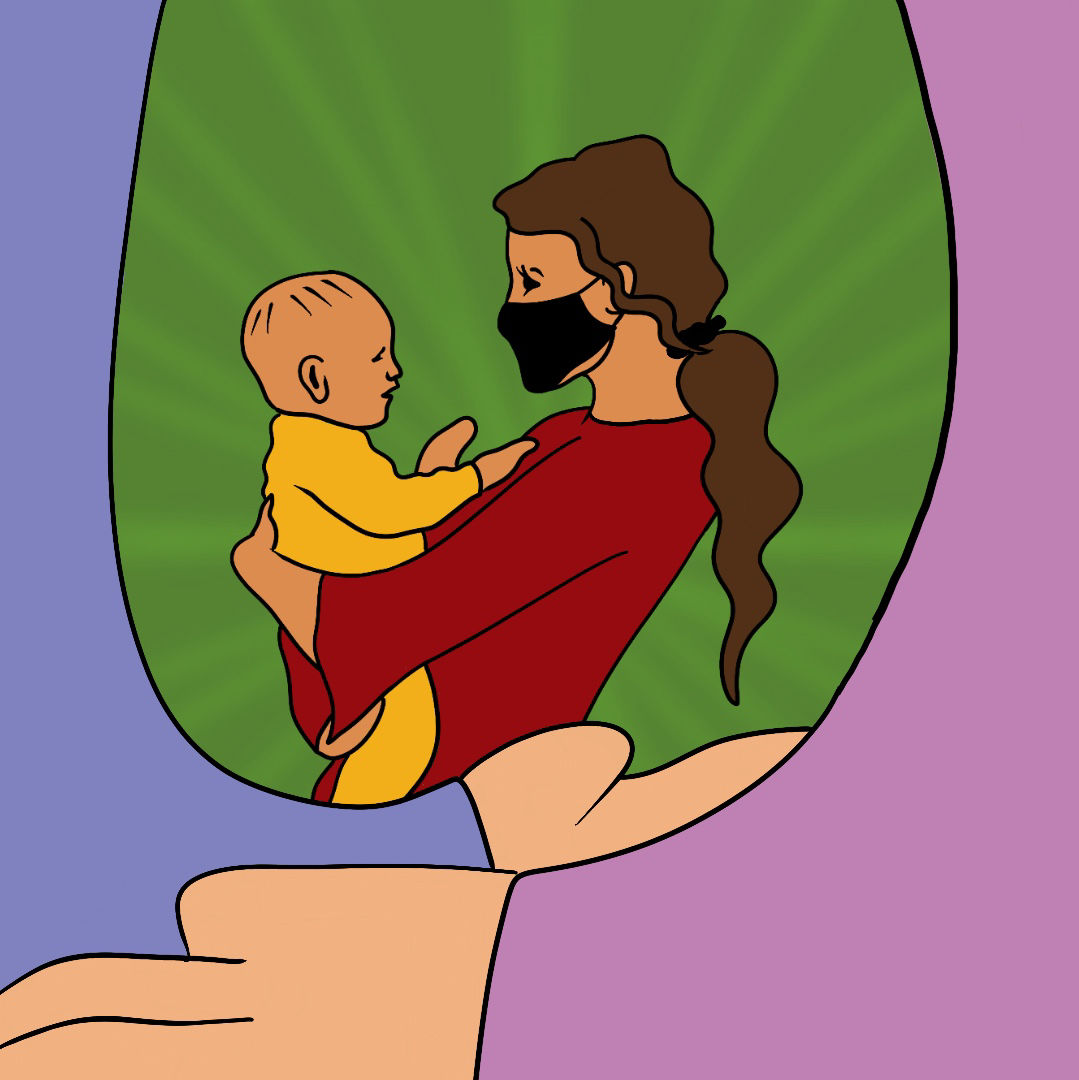 Illustration by Celina Koops of a mother holding her baby while wearing a mask. Both of them are symbolically being held and supported by embracing arms.
