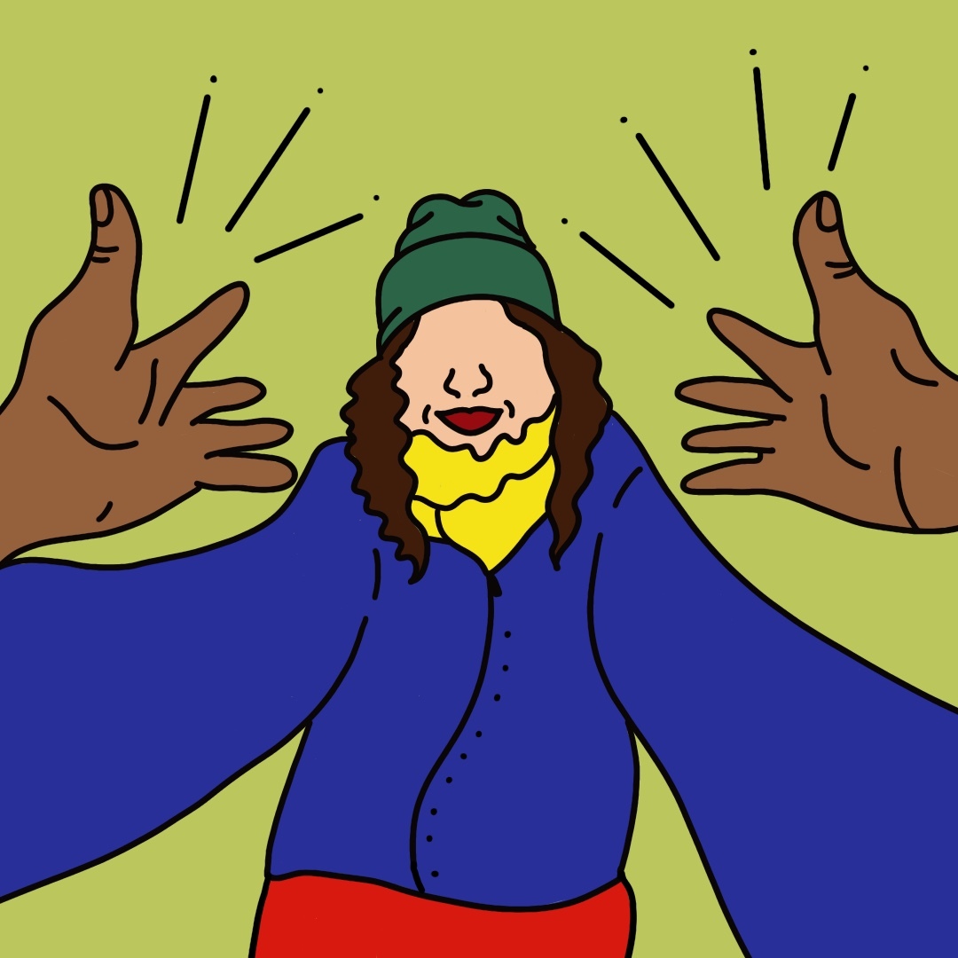 Illustration of a friend reaching out to embrace the viewer while wearing cozy winter clothes.