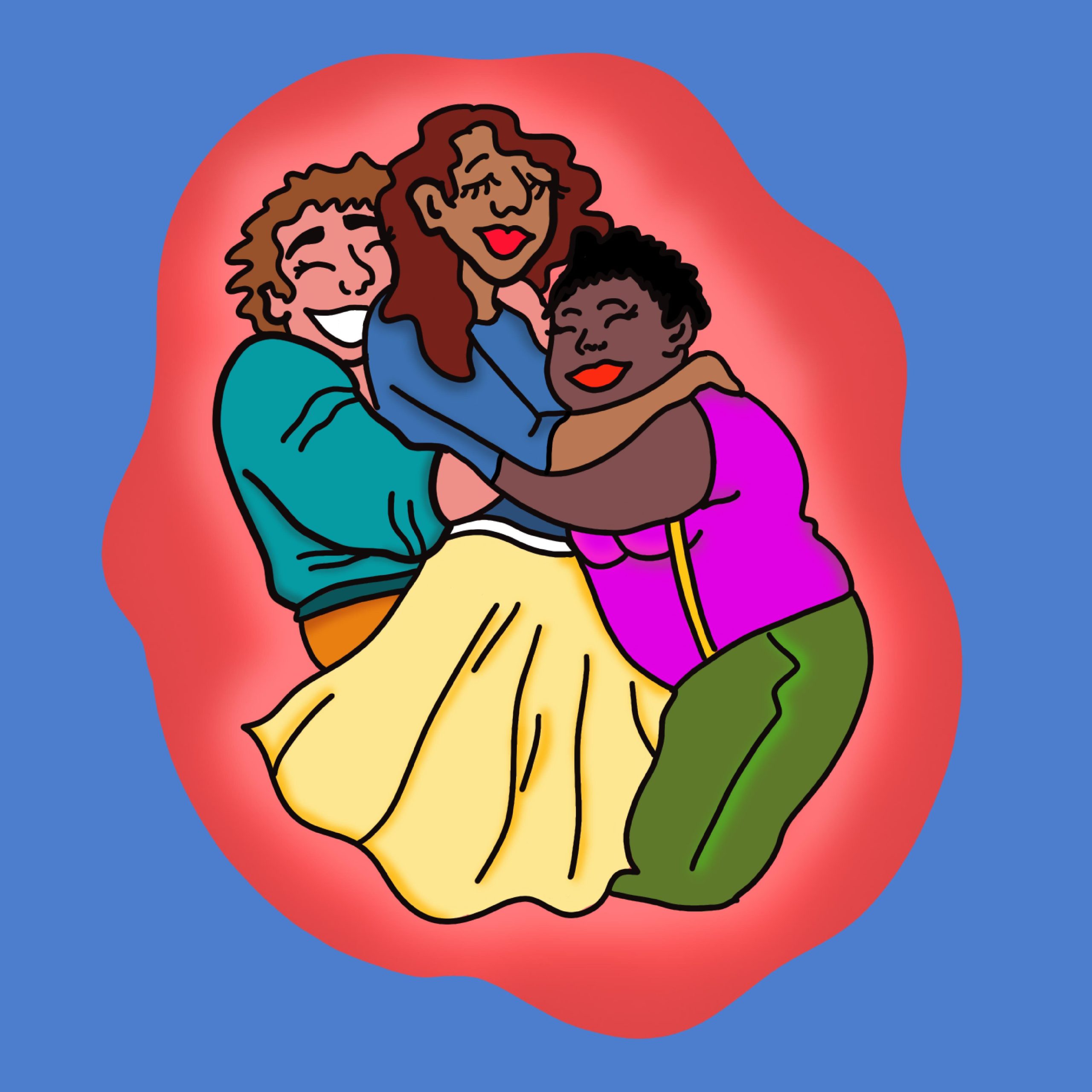 Three gender-diverse people dressed in colourful clothing share a warm and joyful hug.