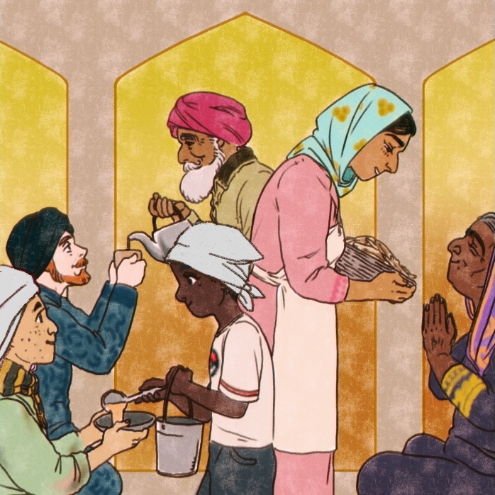 Illustration of langar, where three figures are serving food and tea to three others who are seated on the floor. The people all look happy, are a variety of ages and races, and wear a mix of traditional Sikh clothing and Western clothes.