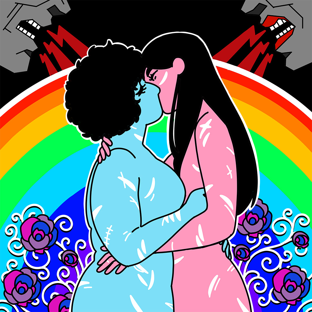 Illustration of two figures, one light blue, the other pink, kissing in front of a rainbow. Behind them is a rainbow and flowers. Their bodies are marked up by scars. In the upper corners, grey faces look down at them, their eyes not visible, and shout, represented by red lightning bolts coming down. The figures and the rainbow take up the majority of the image, overpowering the negativity.