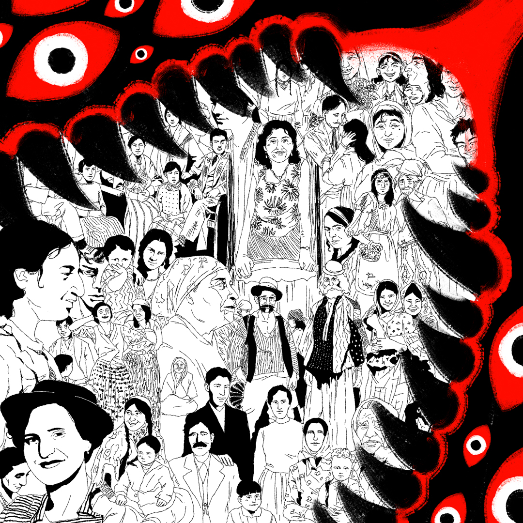 Black and white illustration of many Romani people of all ages. A black and red monster with many teeth and eyes is in the foreground seemingly ready to devour them all.