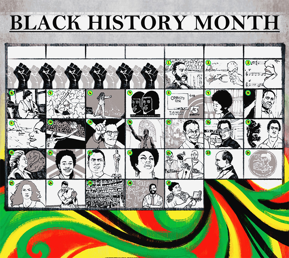 Illustration of a calendar showing February. It reads "Black History Month" at the top. Each day has an illustration of a different person or event on it.