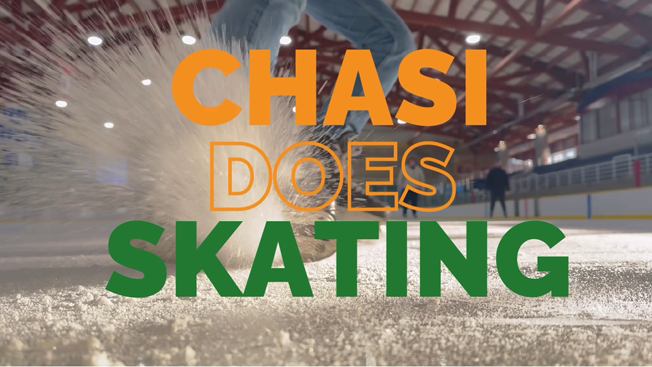 Video thumbnail that reads "CHASI Does Skating" with a video still in the background showing a person doing a hockey stop on ice, spraying ice up towards the camera.