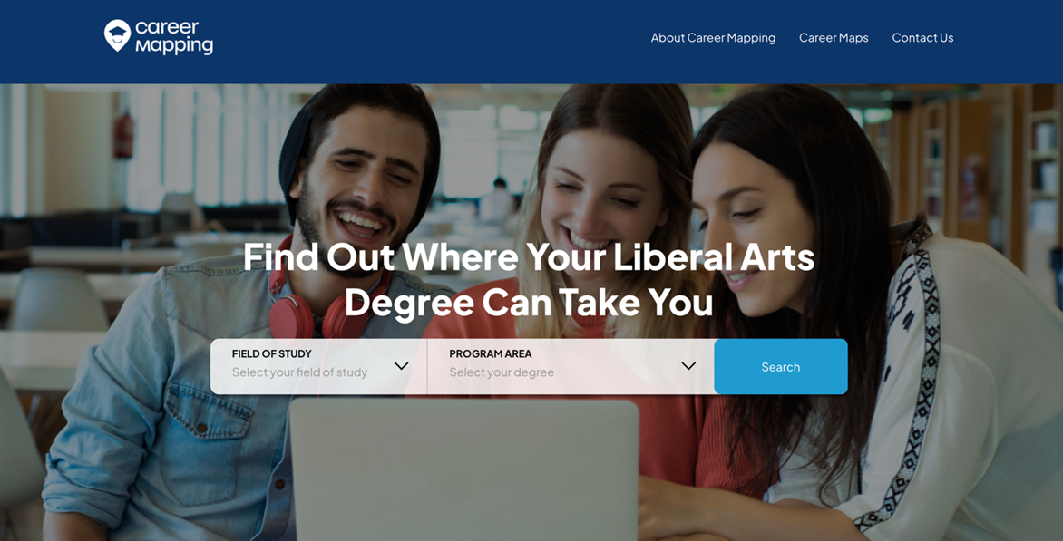 Screenshot of the homepage of the Career Mapping website. Text shows young adult gathered around a computer, and text reads "find out where your liberal arts degree can take you." Beneath are search boxes for field of study and program area.