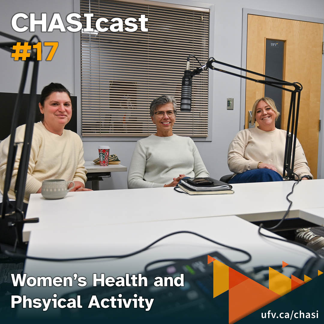 Photo of Iris Lesser, Martha Dow, and AmberJohnson posing near podcast microphones, smiling for the camera. The graphic has text reading: "CHASIcast #17 - Women's Health and Physical Activity."