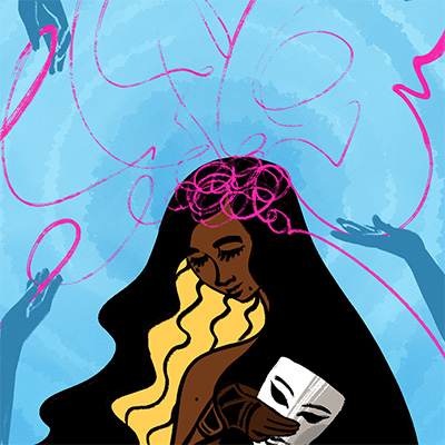 Thumbnail image of an ollustration. A femme person is in the centre of the composition, their face lowered with a warm, peaceful expression. Their hair flows down past their shoulders, and they are holding a theatre mask, which they seem to have just removed. Pink squiggly lines emerge from their head (in front of the brain) and spiral out into a blue background, where hands from unseen bodies seem to take and accept them from all angles. The image has a tone of comfort and acceptance.