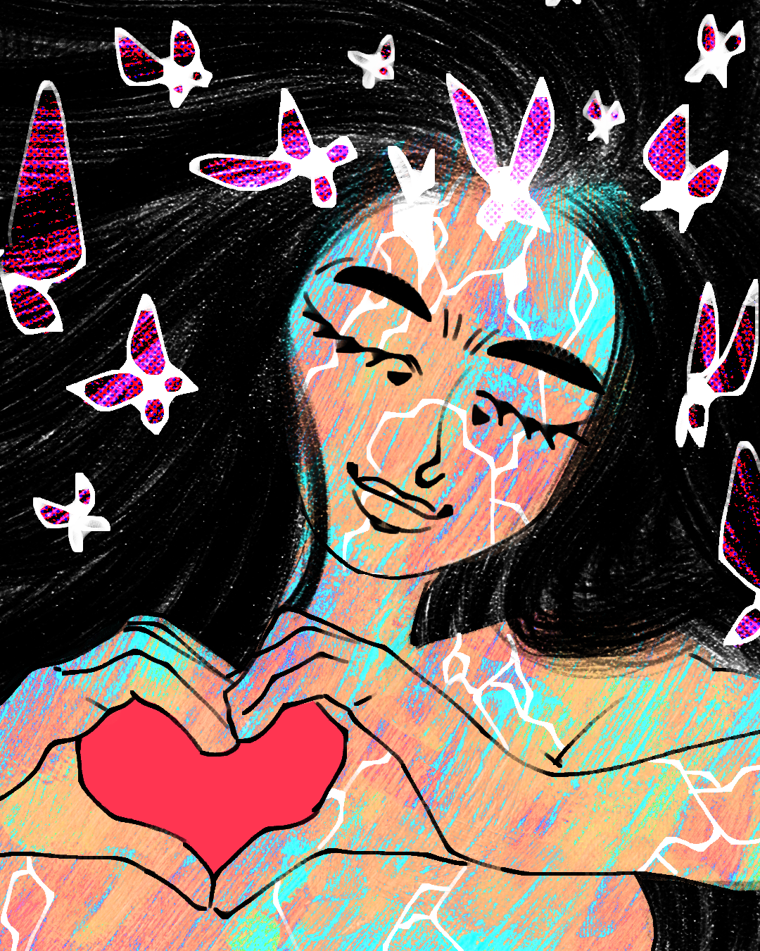 Illustration. It shows a colourful image of a femme person with neon rainbow lines across her skin like paint splatters. She's forming her hands into a heart, and the negative space forming the heart shape is coloured red. Her hair is long, black, and flowing wildly forming a black background to the whole piece. Her eyes are closed and she wears a look of content. Around her head are purple butterflies made of sharp angles almost like broken glass. The piece has a tone of loving acceptance.
