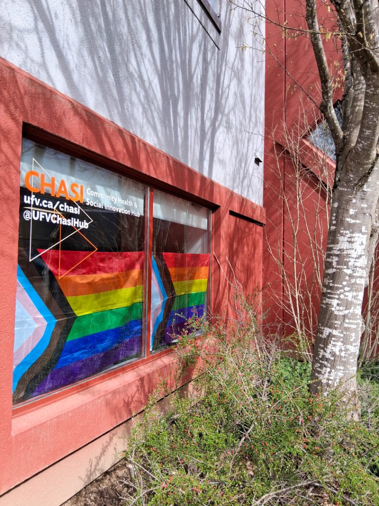 Photo of the window of CHASI's office, with two pride flags cover most of it
