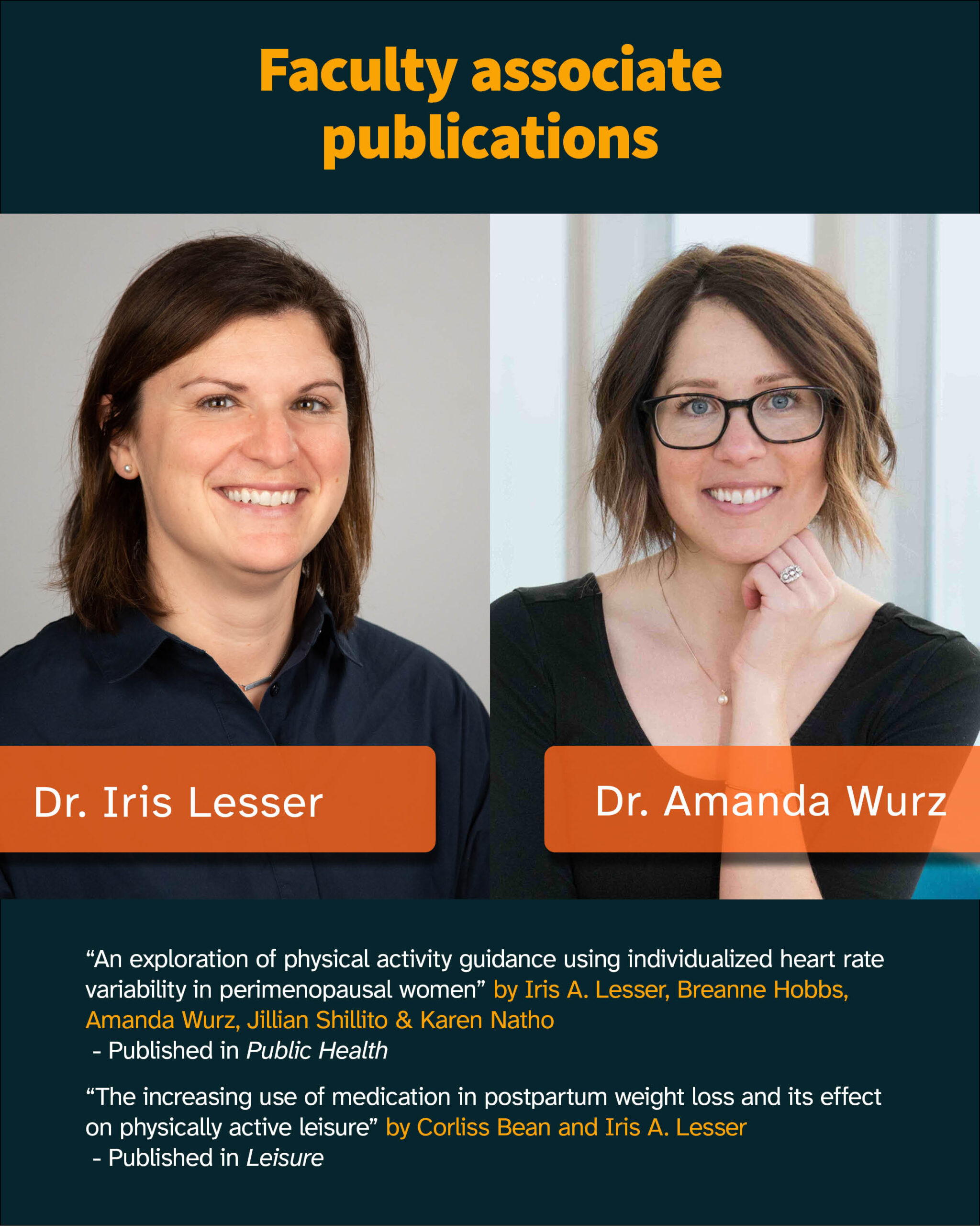 Graphic that reads: "Faculty associate publications - Dr. Iris Lesser and Dr. Amanda Wurz." with pictures of both women. Below the photos are the details of the publications, as listed in this post.