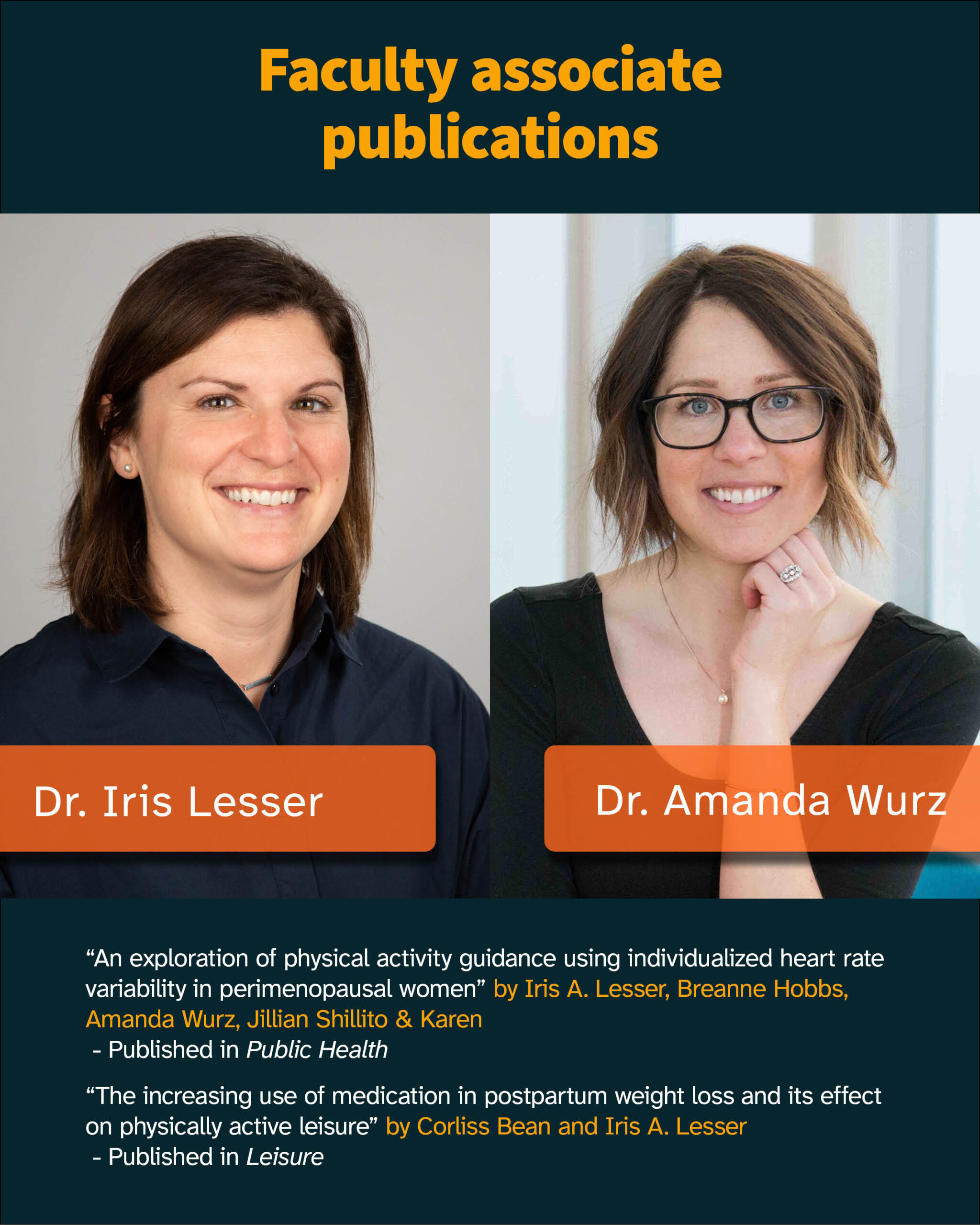 Graphic that reads: "Faculty associate publications - Dr. Iris Lesser and Dr. Amanda Wurz." with pictures of both women. Below the photos are the details of the publications, as listed in this post.