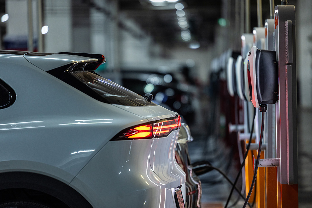 Stock photo of electric cars charging