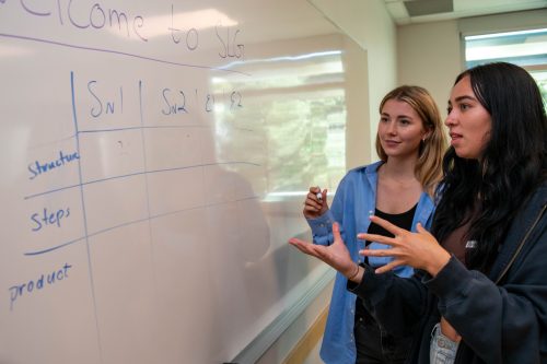 Megan and another student looking at a whiteboard