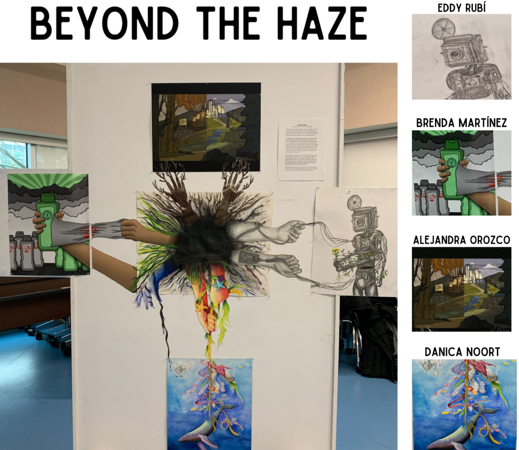 Collage of 4 students artwork combined. Titled "Beyond the Haze"