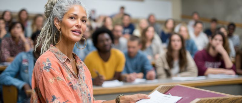Woman standing in front of a university class