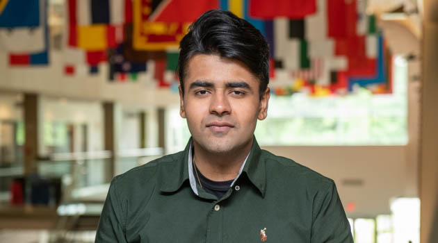 UFV student Rohan Sagar who won the Governor General's Bronze Medal, standing on the second floor in the Student Union Society on the University of the Fraser Valley Abbotsford campus.